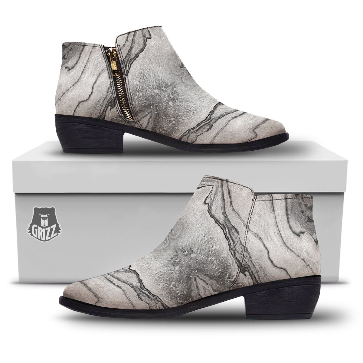 Marble White Gray Print Pattern Ankle Boots-grizzshop