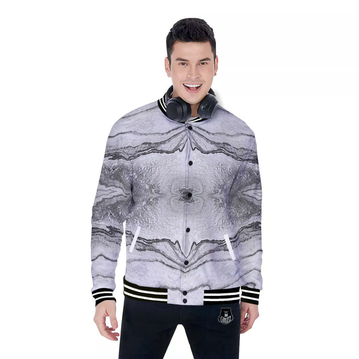 Marble White Gray Print Pattern Baseball Jacket-grizzshop