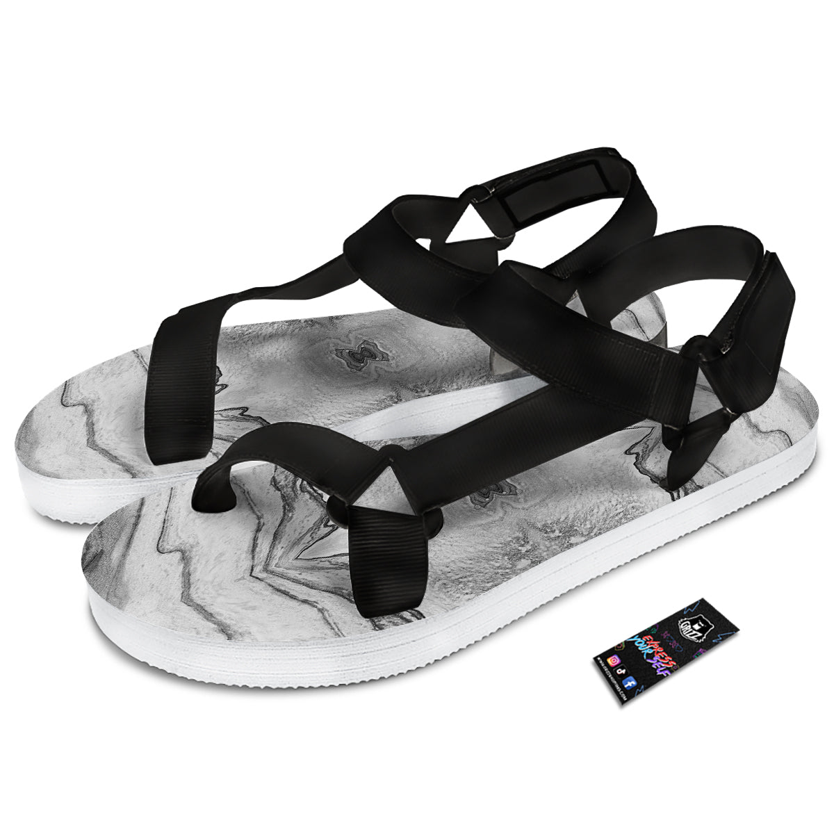Marble White Gray Print Pattern Black Open Toe Sandals-grizzshop