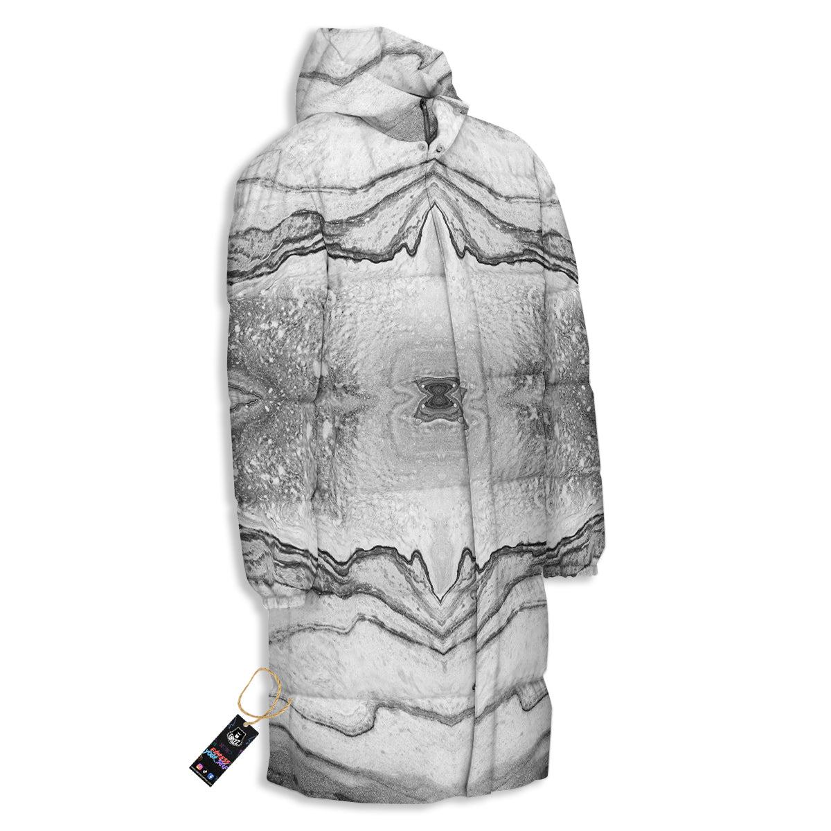 Marble White Gray Print Pattern Long Down Jacket-grizzshop