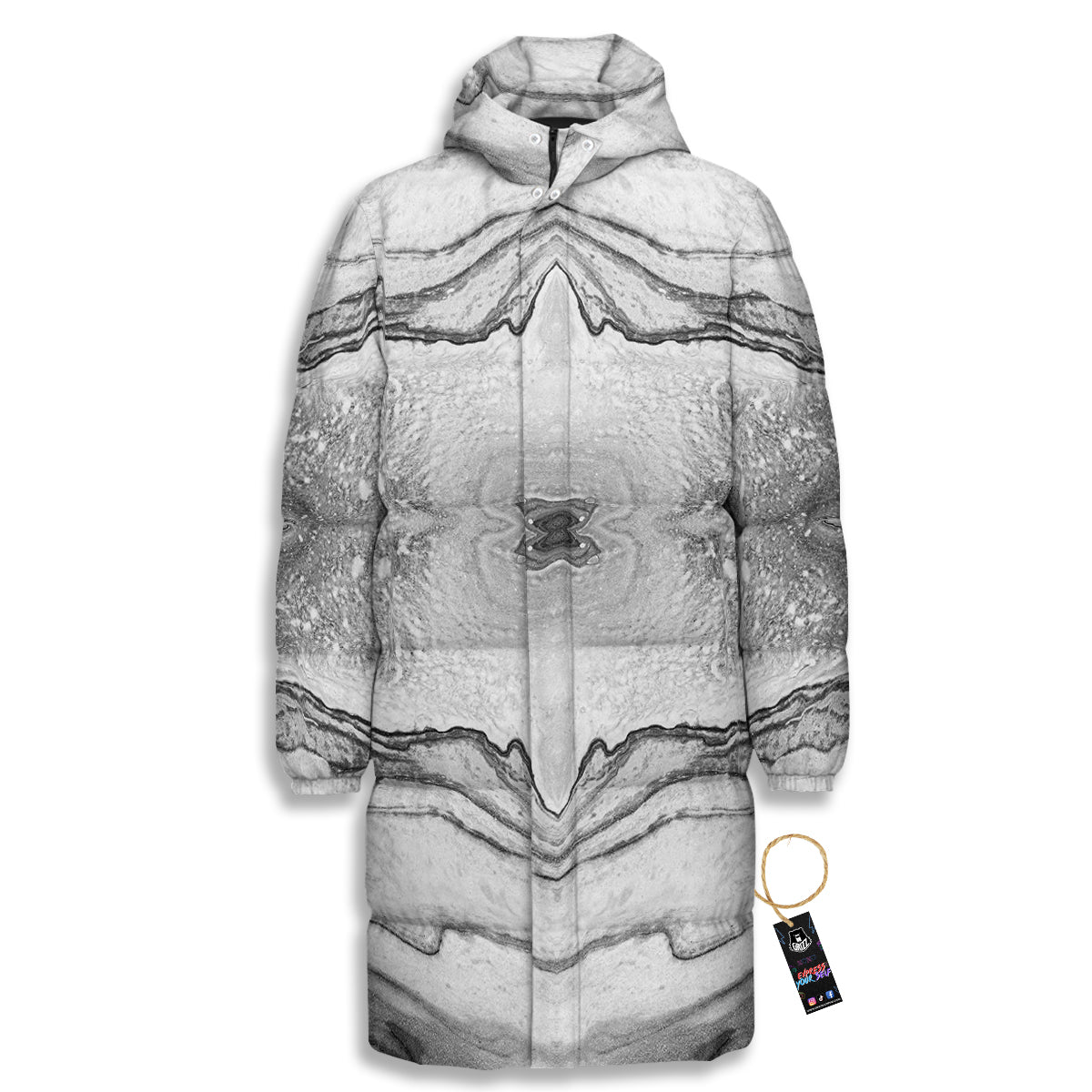 Marble White Gray Print Pattern Long Down Jacket-grizzshop
