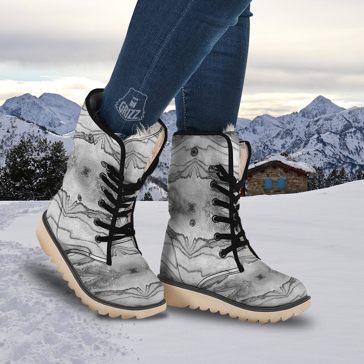 Marble White Gray Print Pattern Snow Boots-grizzshop
