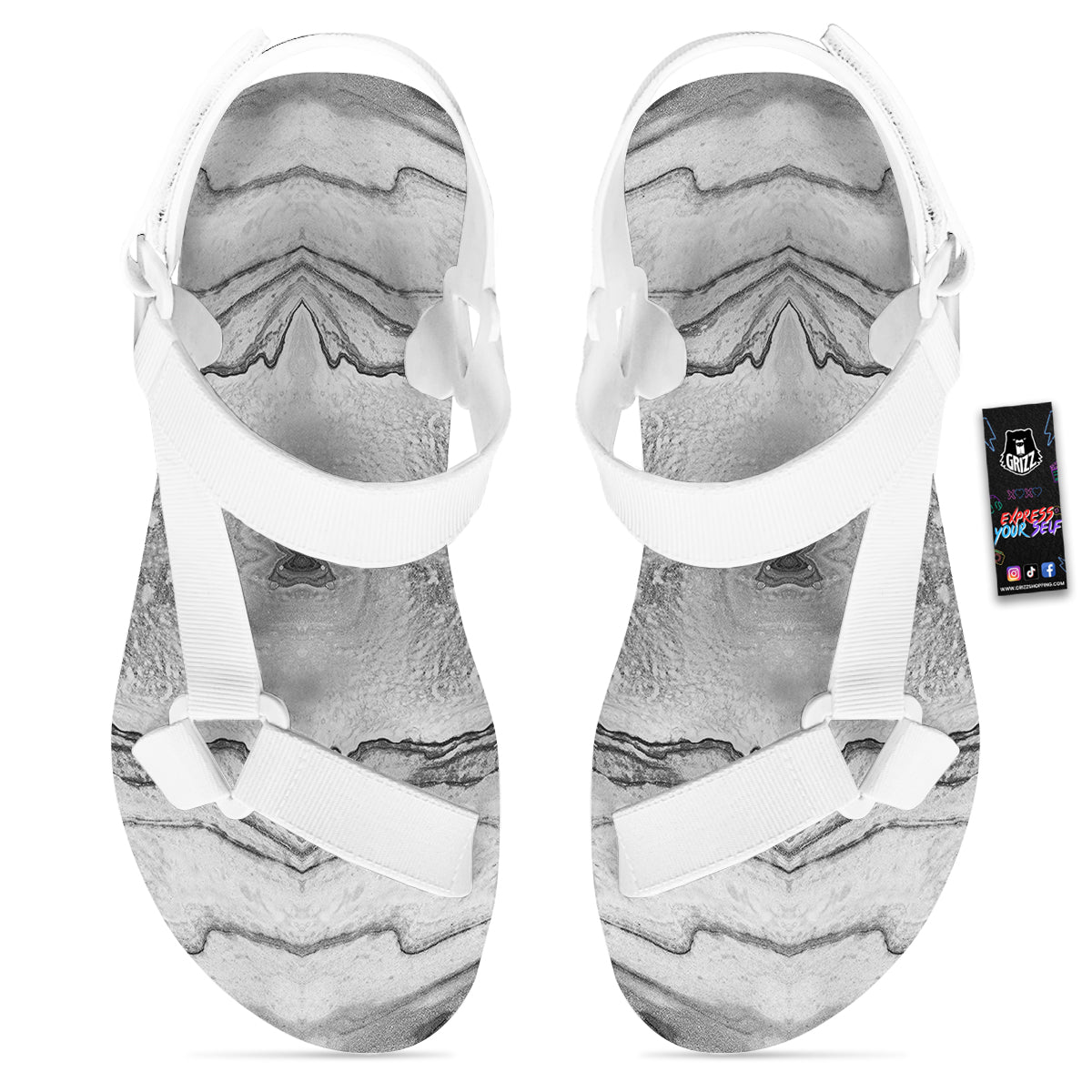 Marble White Gray Print Pattern White Open Toe Sandals-grizzshop