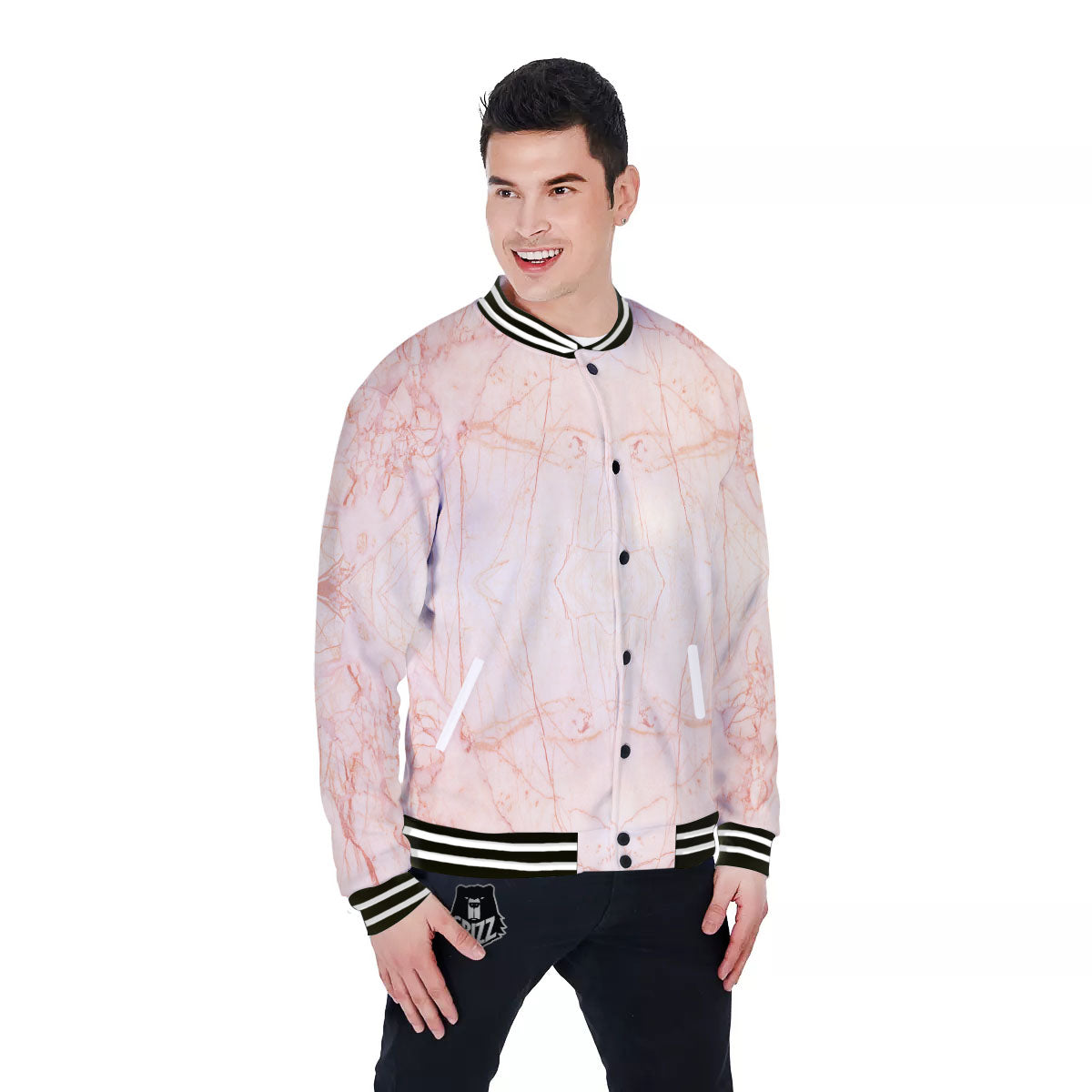 Marble White Pink Print Pattern Baseball Jacket-grizzshop