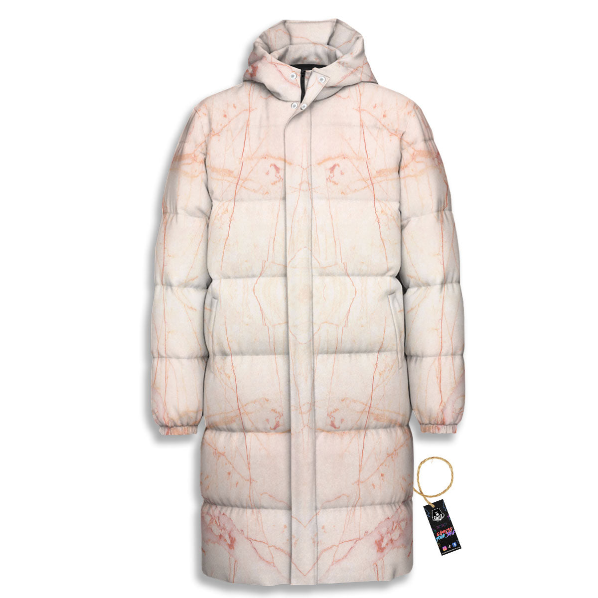 Marble White Pink Print Pattern Long Down Jacket-grizzshop