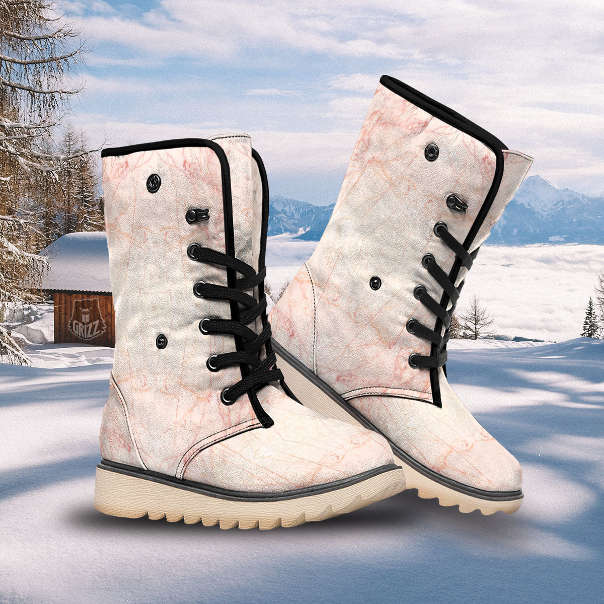 Marble White Pink Print Pattern Snow Boots-grizzshop
