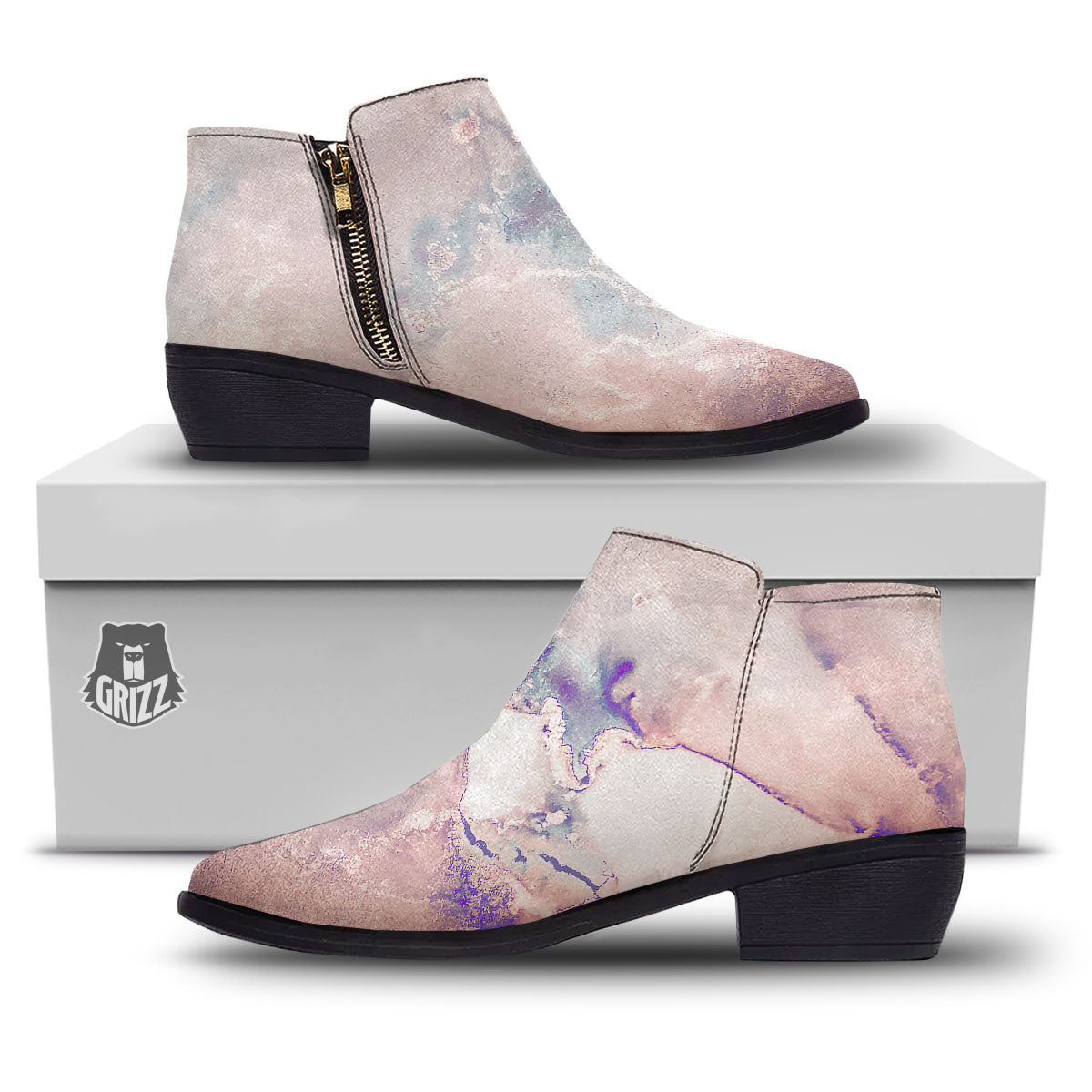 Marble White Ruby Print Ankle Boots-grizzshop