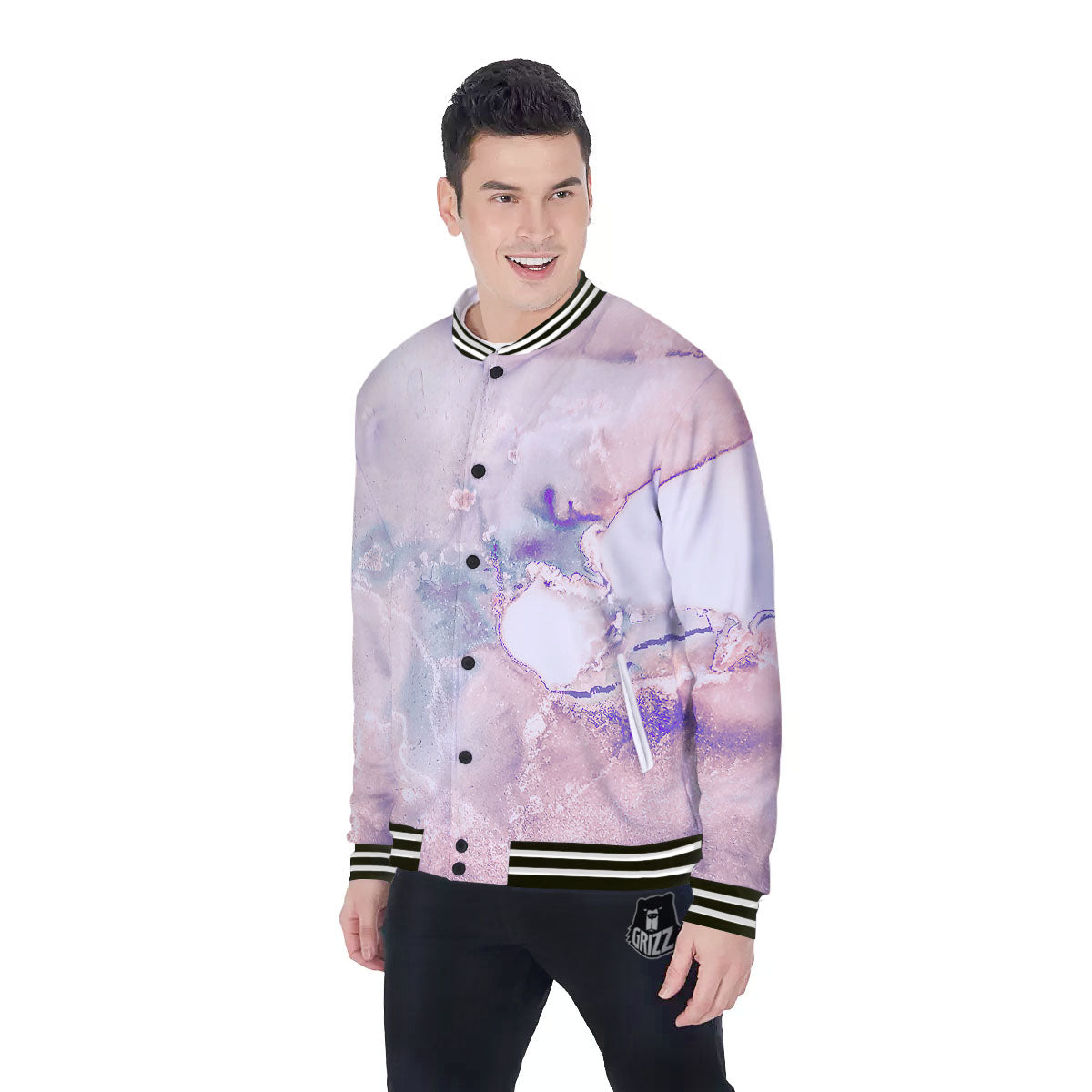Marble White Ruby Print Baseball Jacket-grizzshop