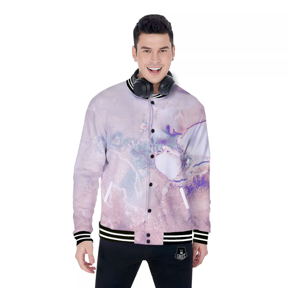 Marble White Ruby Print Baseball Jacket-grizzshop