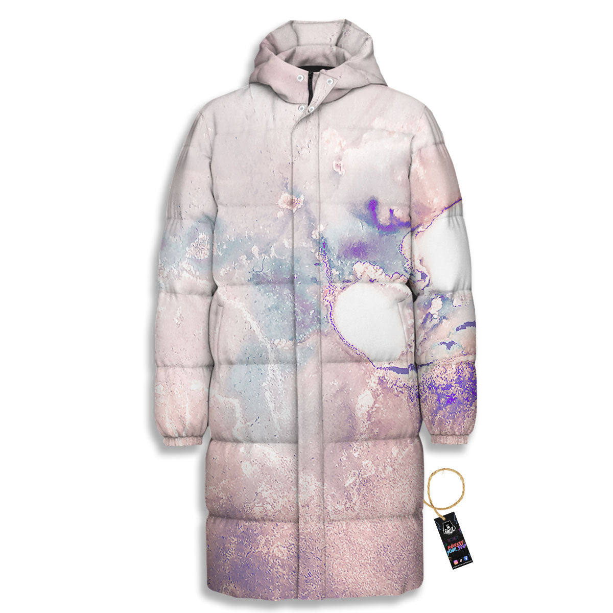 Marble White Ruby Print Long Down Jacket-grizzshop