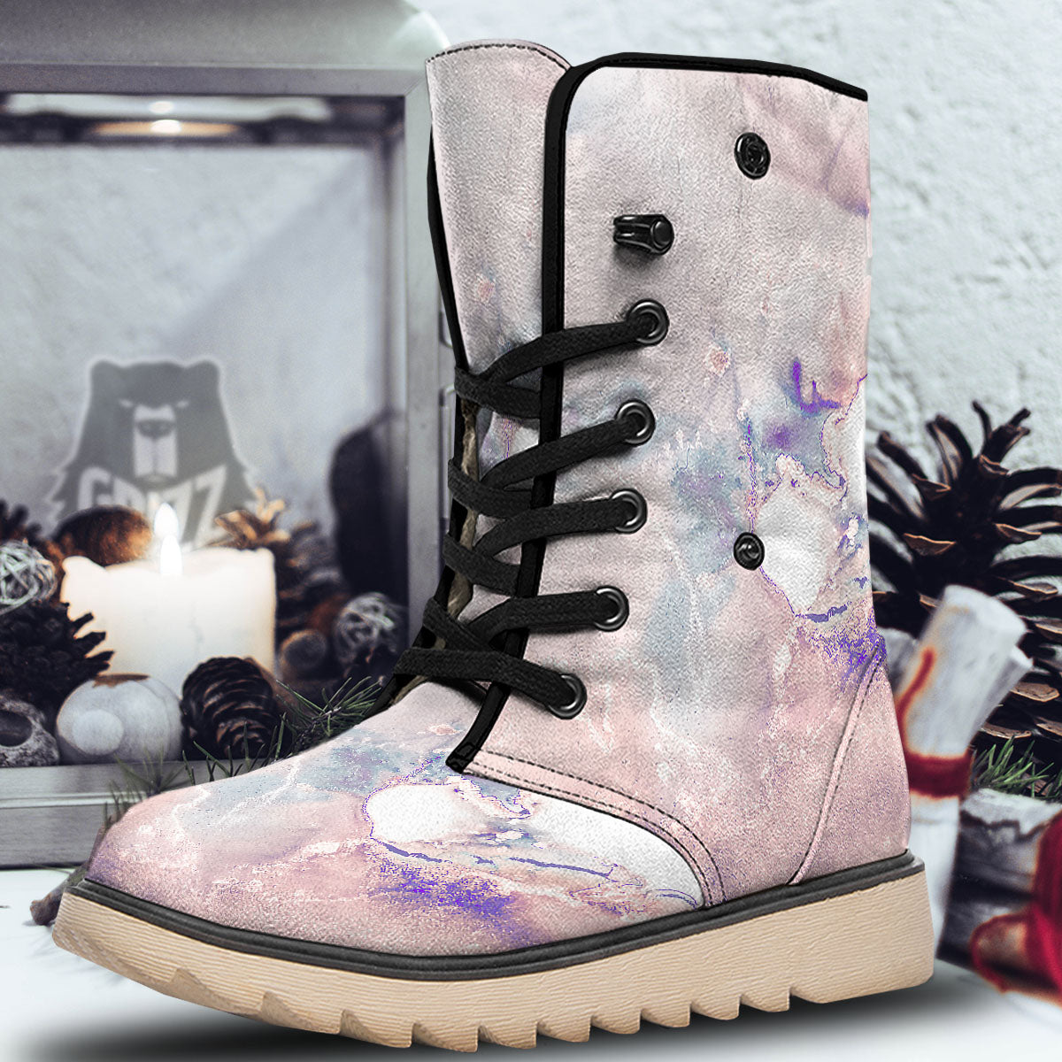 Marble White Ruby Print Snow Boots-grizzshop