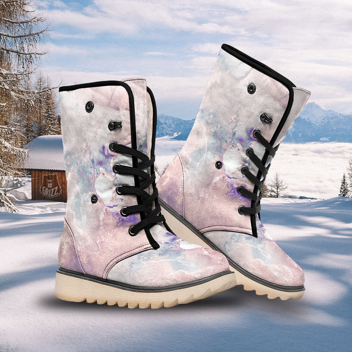 Marble White Ruby Print Snow Boots-grizzshop