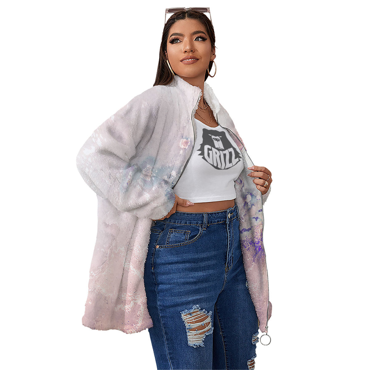 Marble White Ruby Print Women's Sherpa Jacket-grizzshop