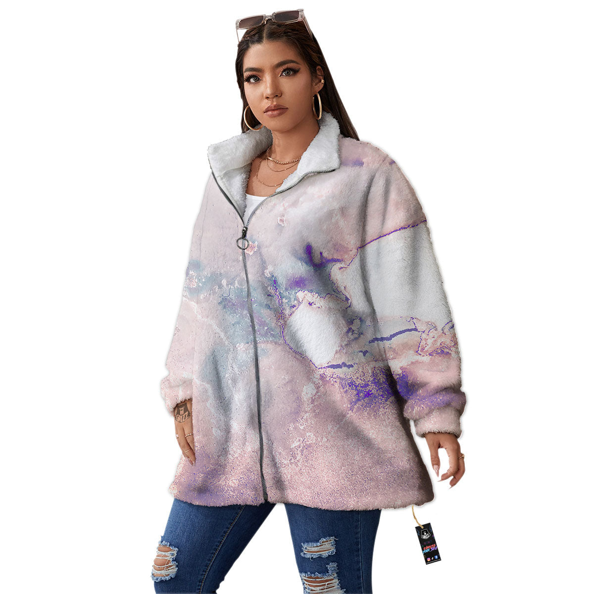 Marble White Ruby Print Women's Sherpa Jacket-grizzshop