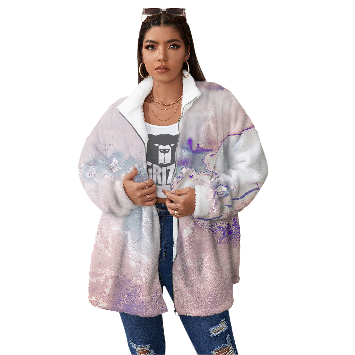 Marble White Ruby Print Women's Sherpa Jacket-grizzshop