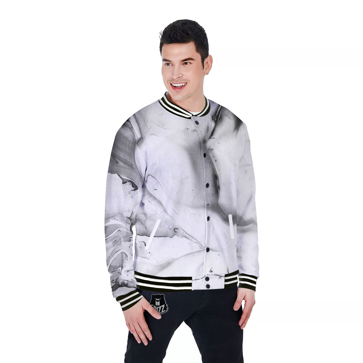 Marble White Smoke Print Baseball Jacket-grizzshop