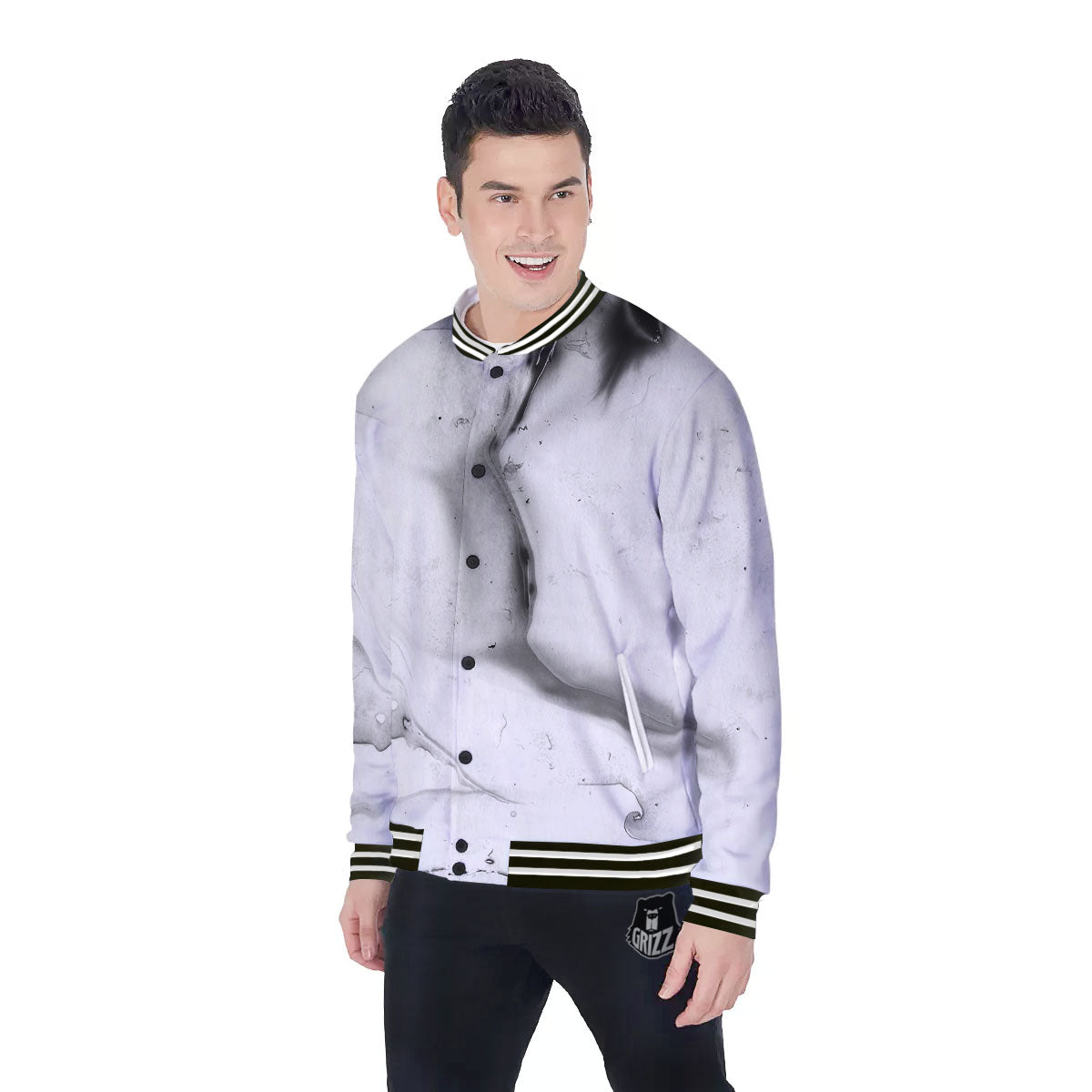 Marble White Smoke Print Baseball Jacket-grizzshop
