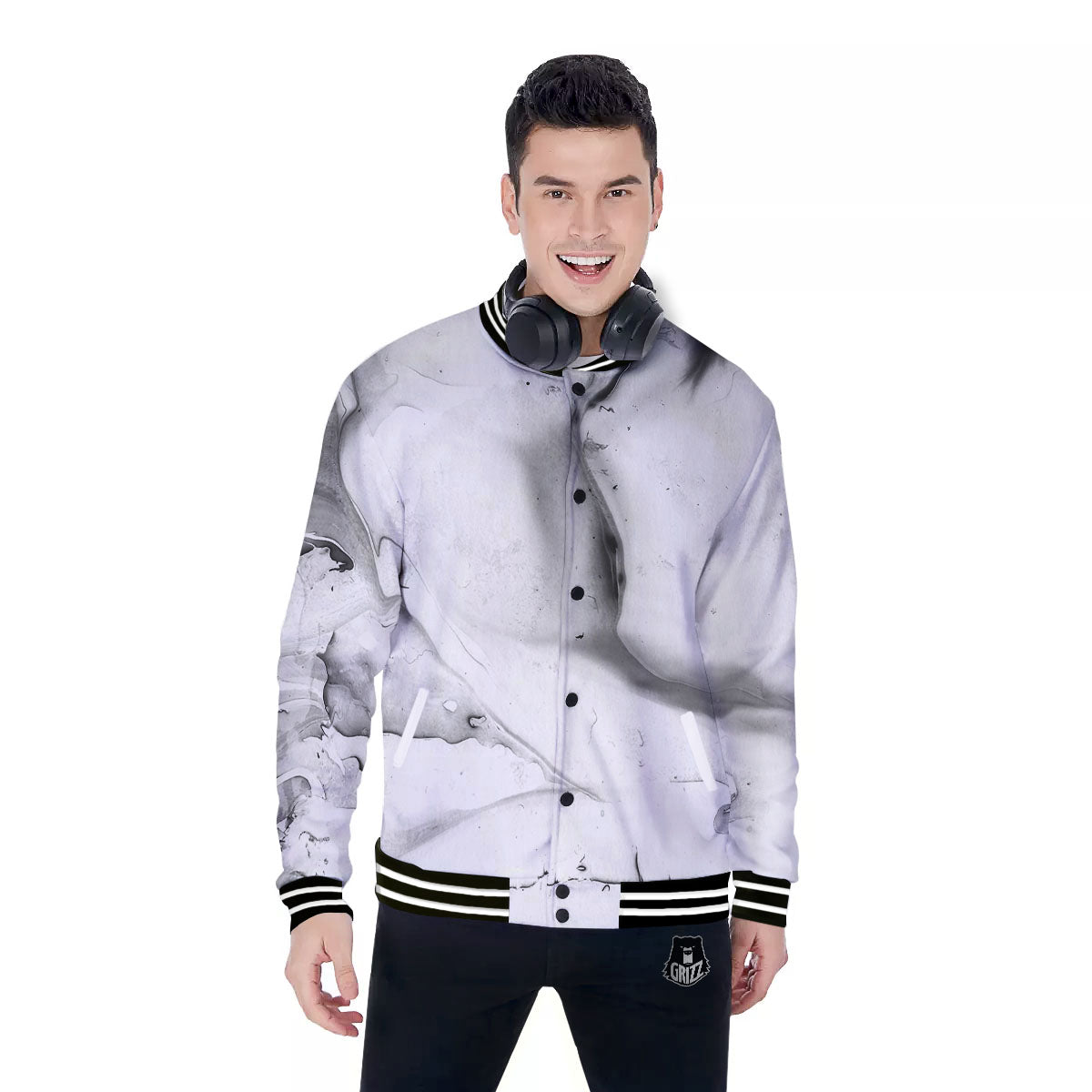 Marble White Smoke Print Baseball Jacket-grizzshop