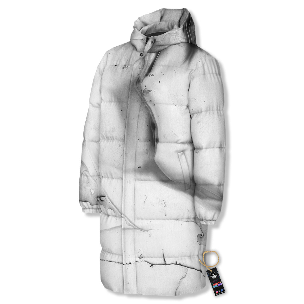 Marble White Smoke Print Long Down Jacket-grizzshop