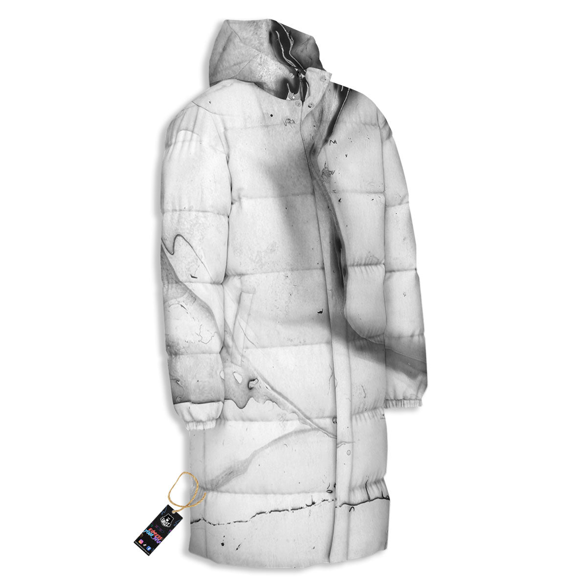 Marble White Smoke Print Long Down Jacket-grizzshop