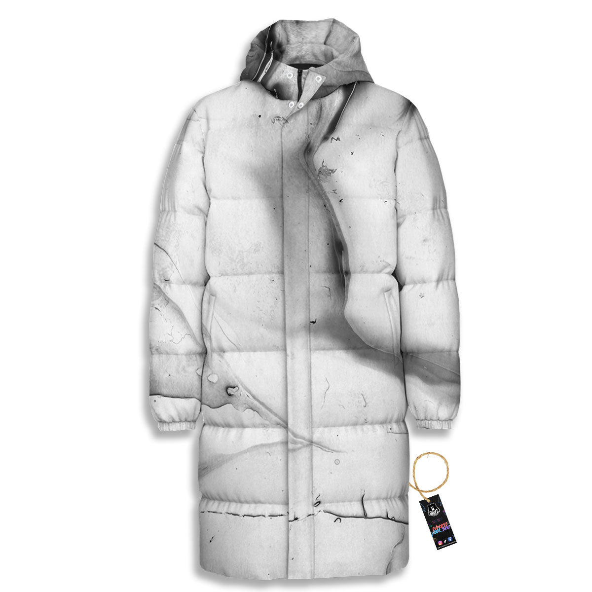 Marble White Smoke Print Long Down Jacket-grizzshop