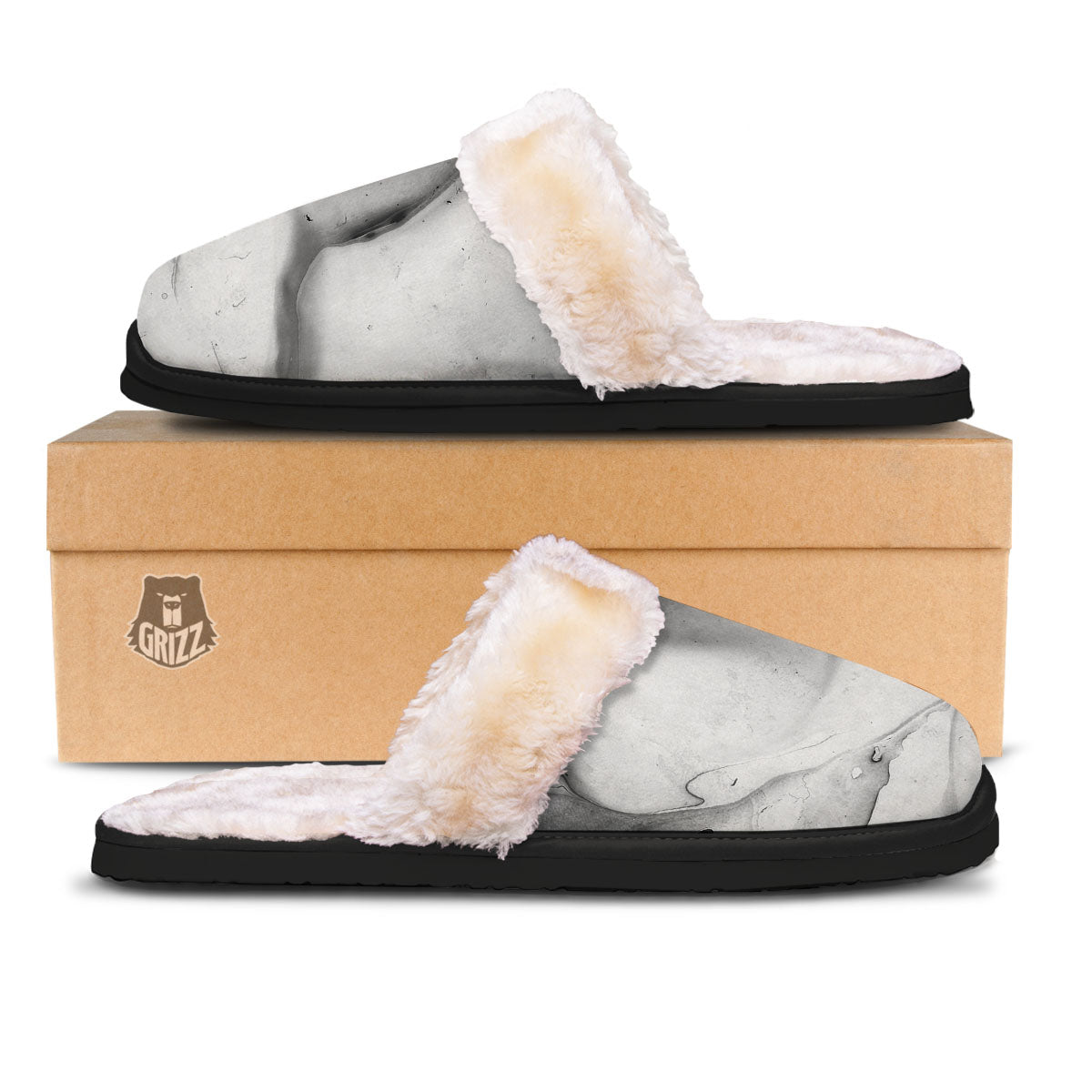Marble White Smoke Print Slippers-grizzshop