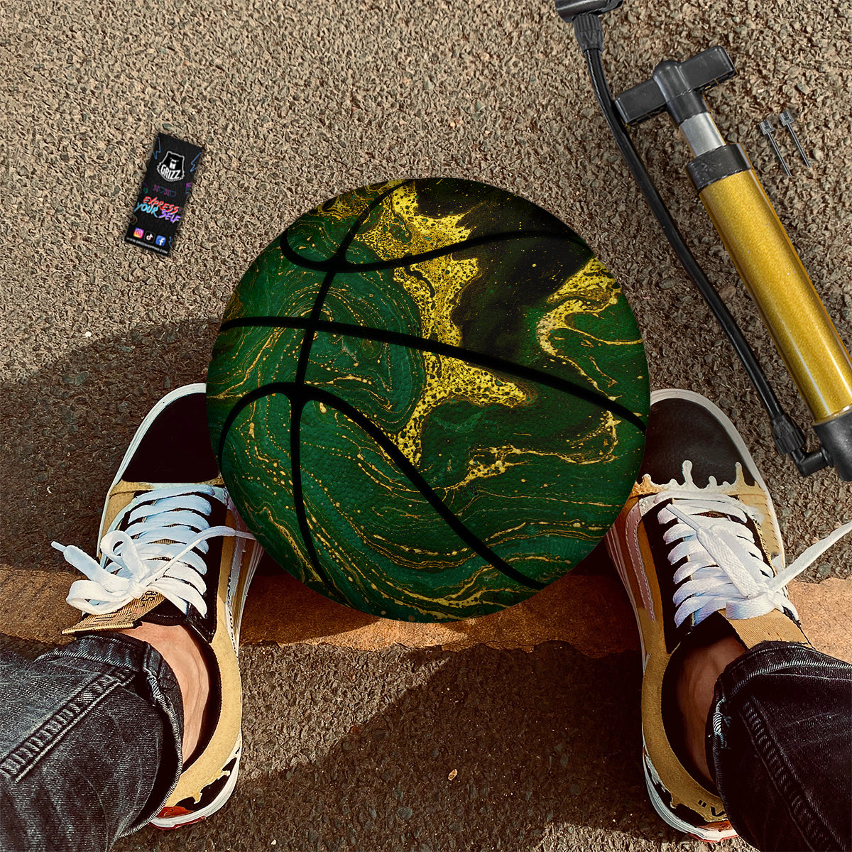 Marble Abstract texture Gold And Dark Green Print Basketball