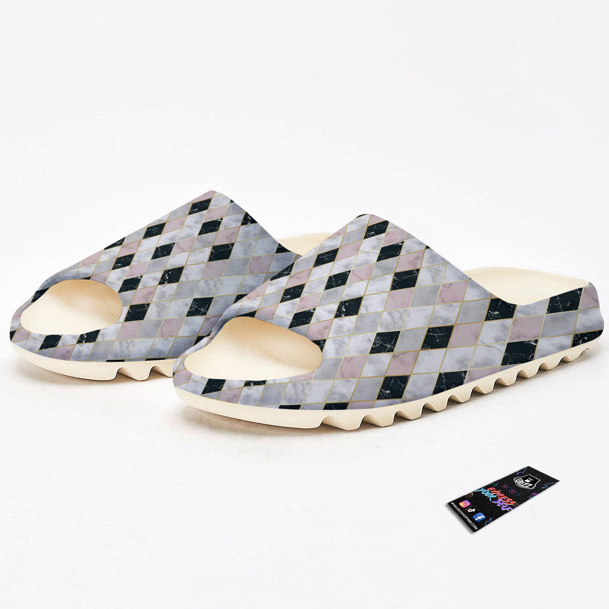 Marble Argyle White Pink And Black Print Sandals-grizzshop