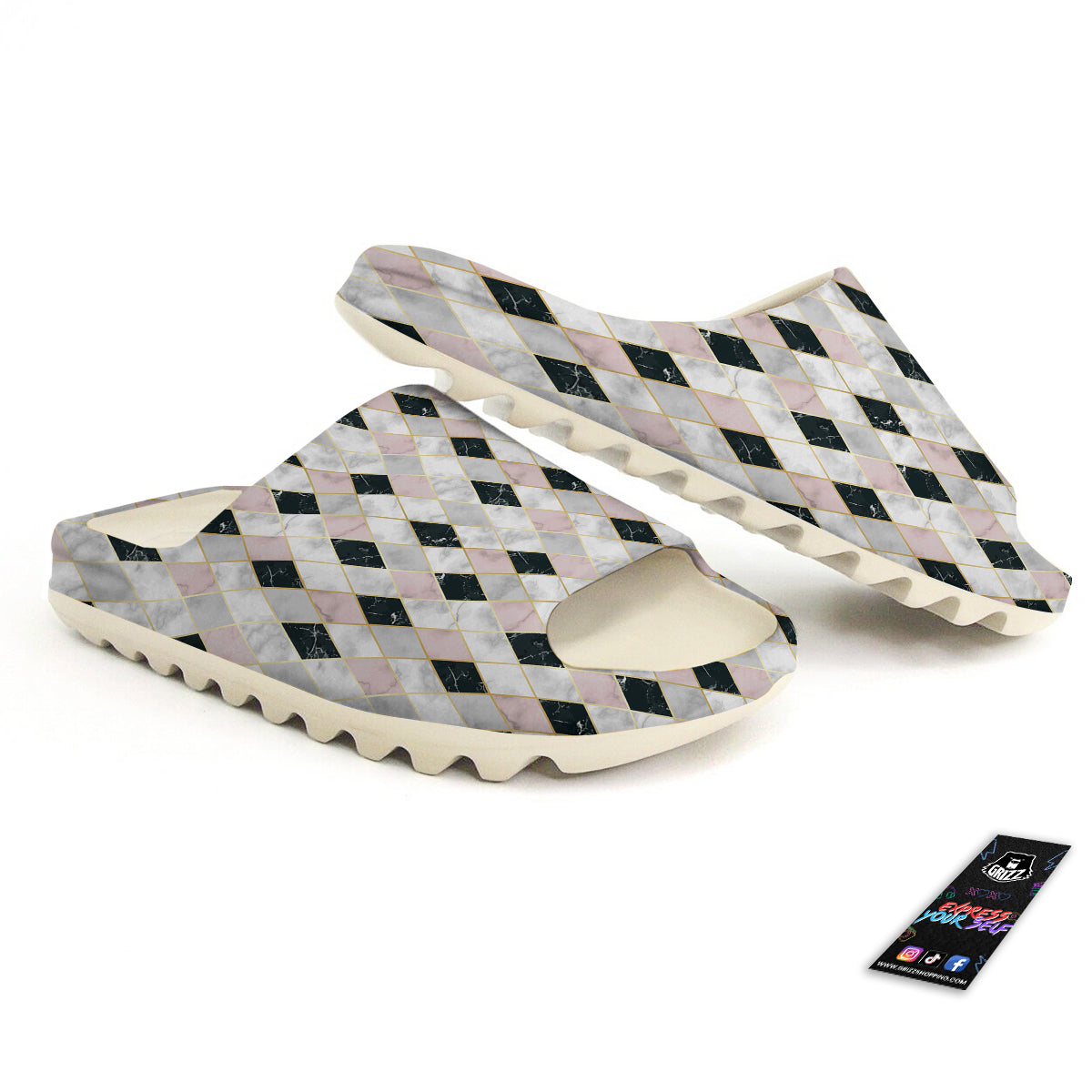 Marble Argyle White Pink And Black Print Sandals-grizzshop