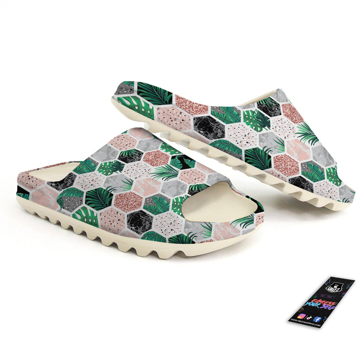 Marble Geometric And Tropical Leaves Print Sandals-grizzshop