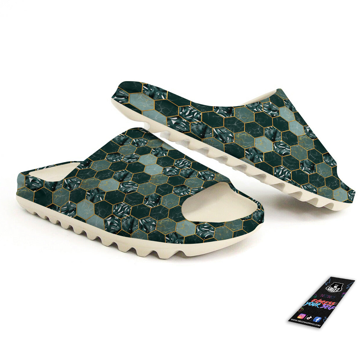 Marble Hexagon Green Tropical Print Pattern Sandals-grizzshop