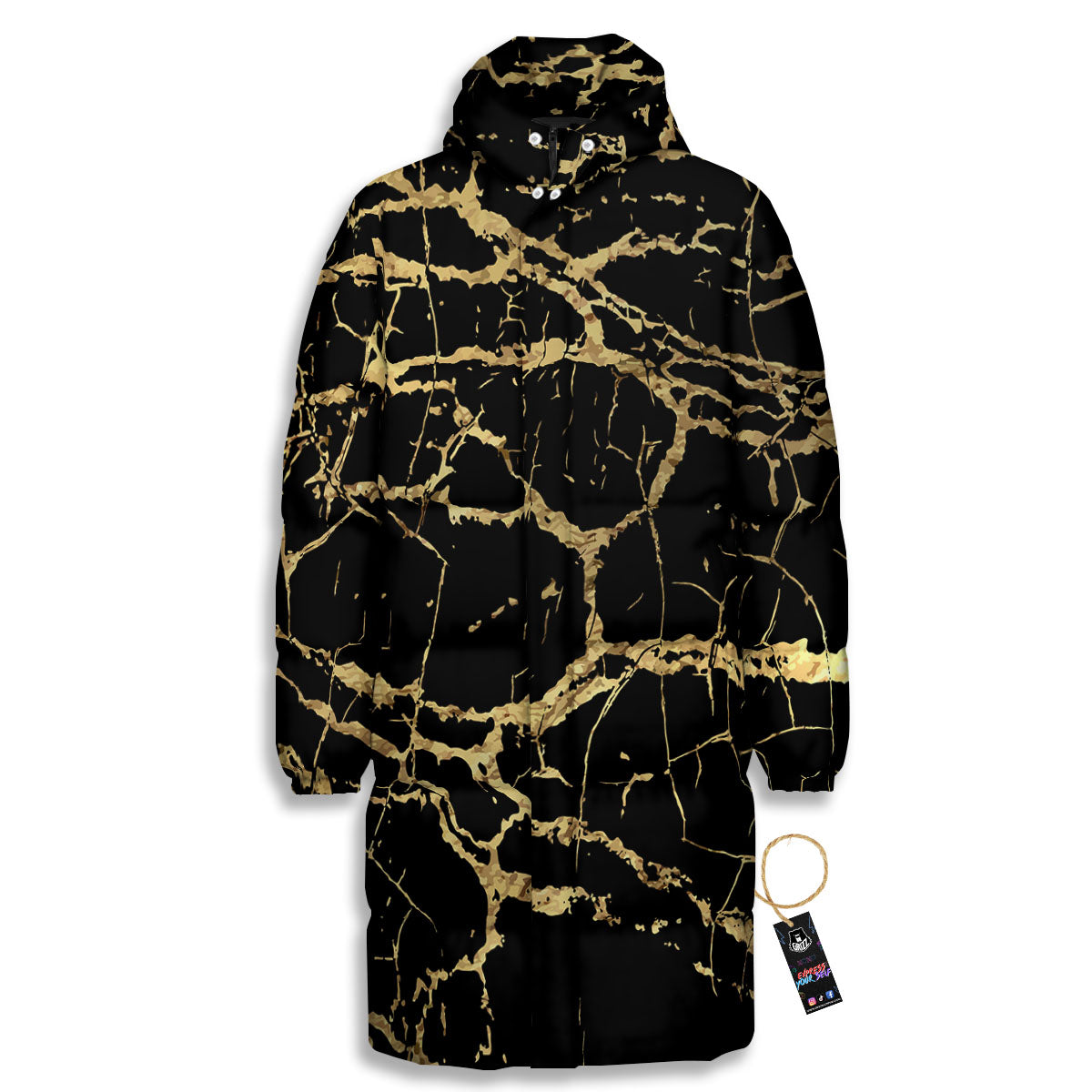 Marble Scratch Black Gold Print Marble Long Down Jacket