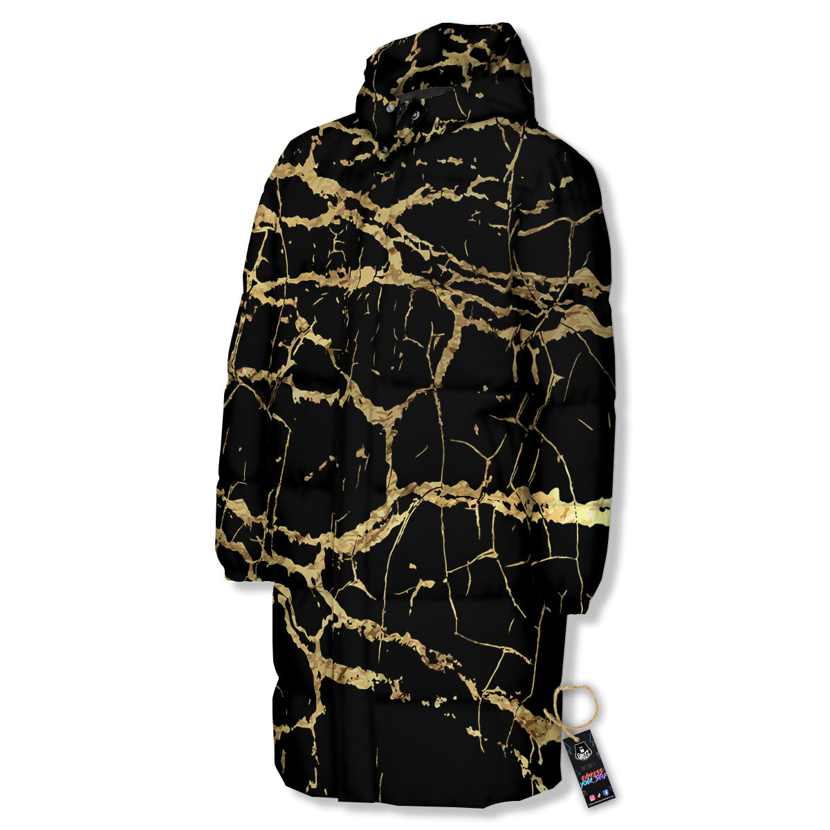 Marble Scratch Black Gold Print Marble Long Down Jacket