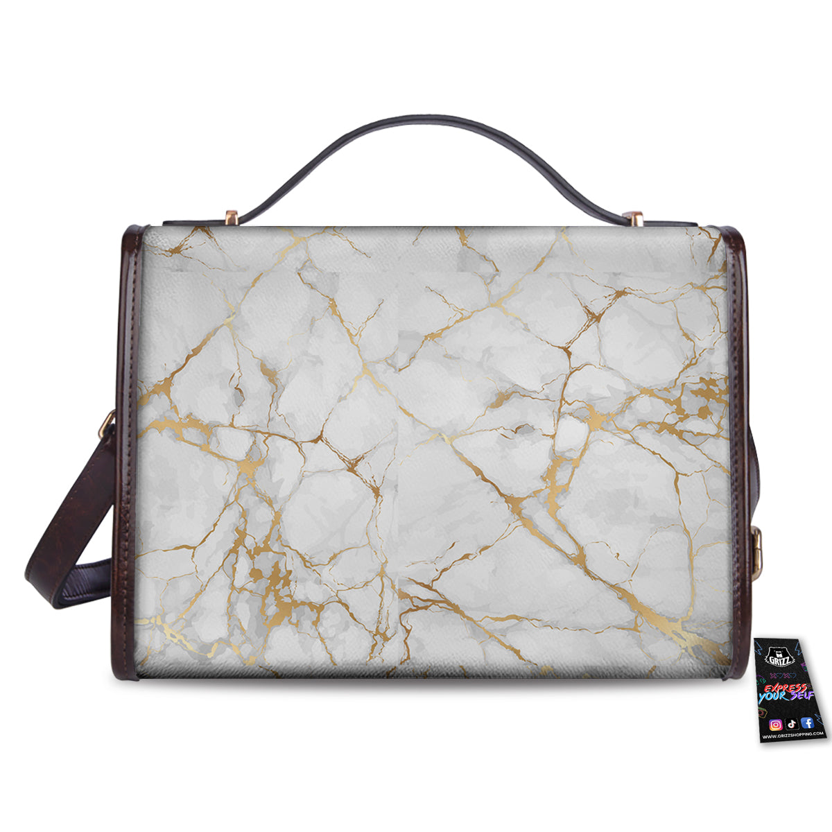 Marble White Gold Print Pattern Women's Satchel Bag