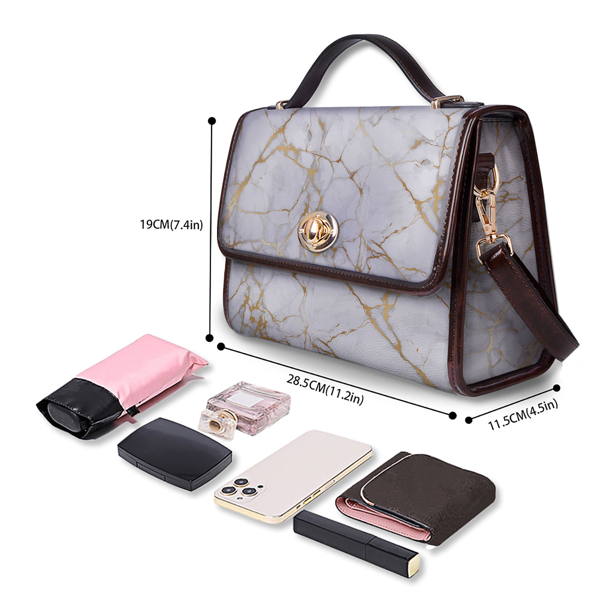 Marble White Gold Print Pattern Women's Satchel Bag