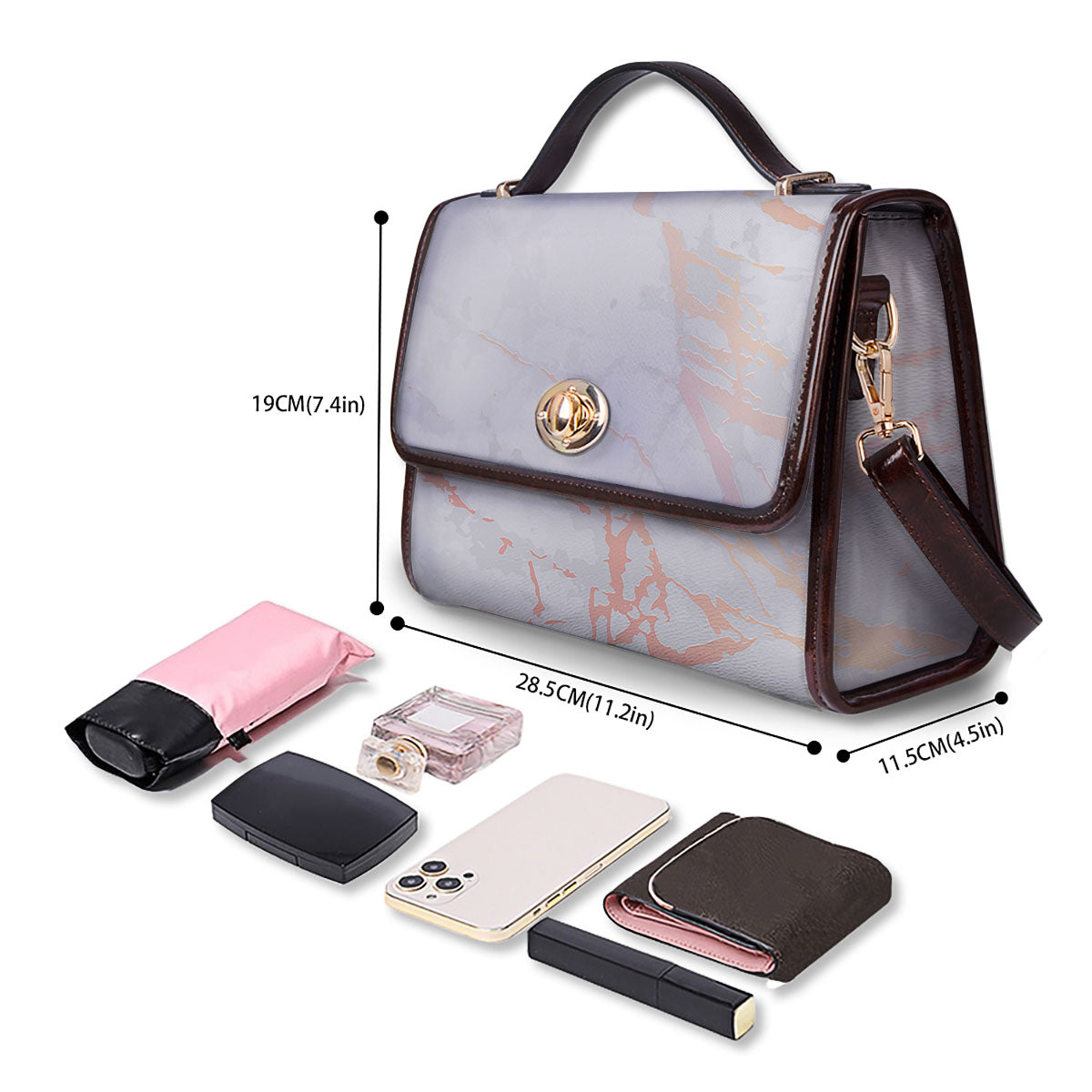 Marble White Rose Gold Print Women's Satchel Bag