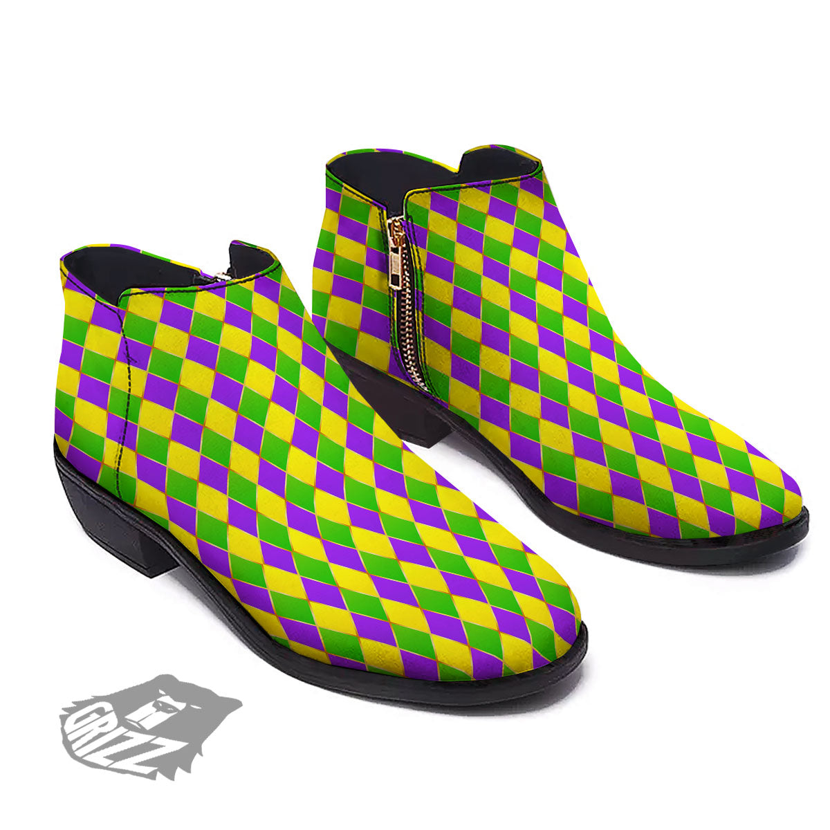 Mardi Gras Purple Green And Yellow Print Pattern Ankle Boots-grizzshop
