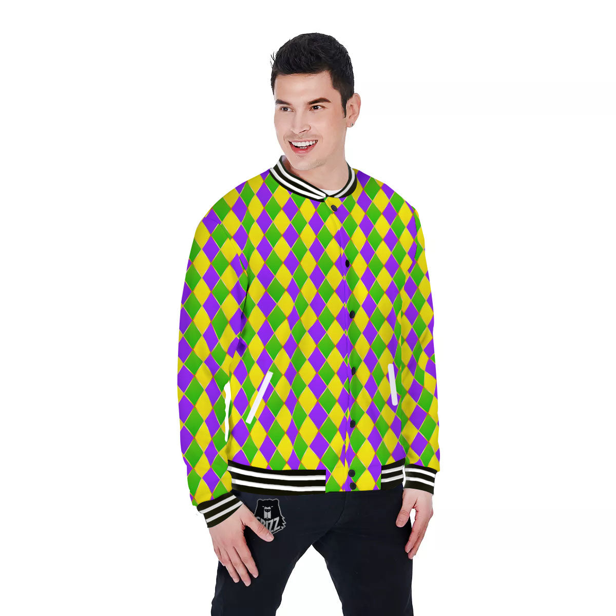 Mardi Gras Purple Green And Yellow Print Pattern Baseball Jacket-grizzshop