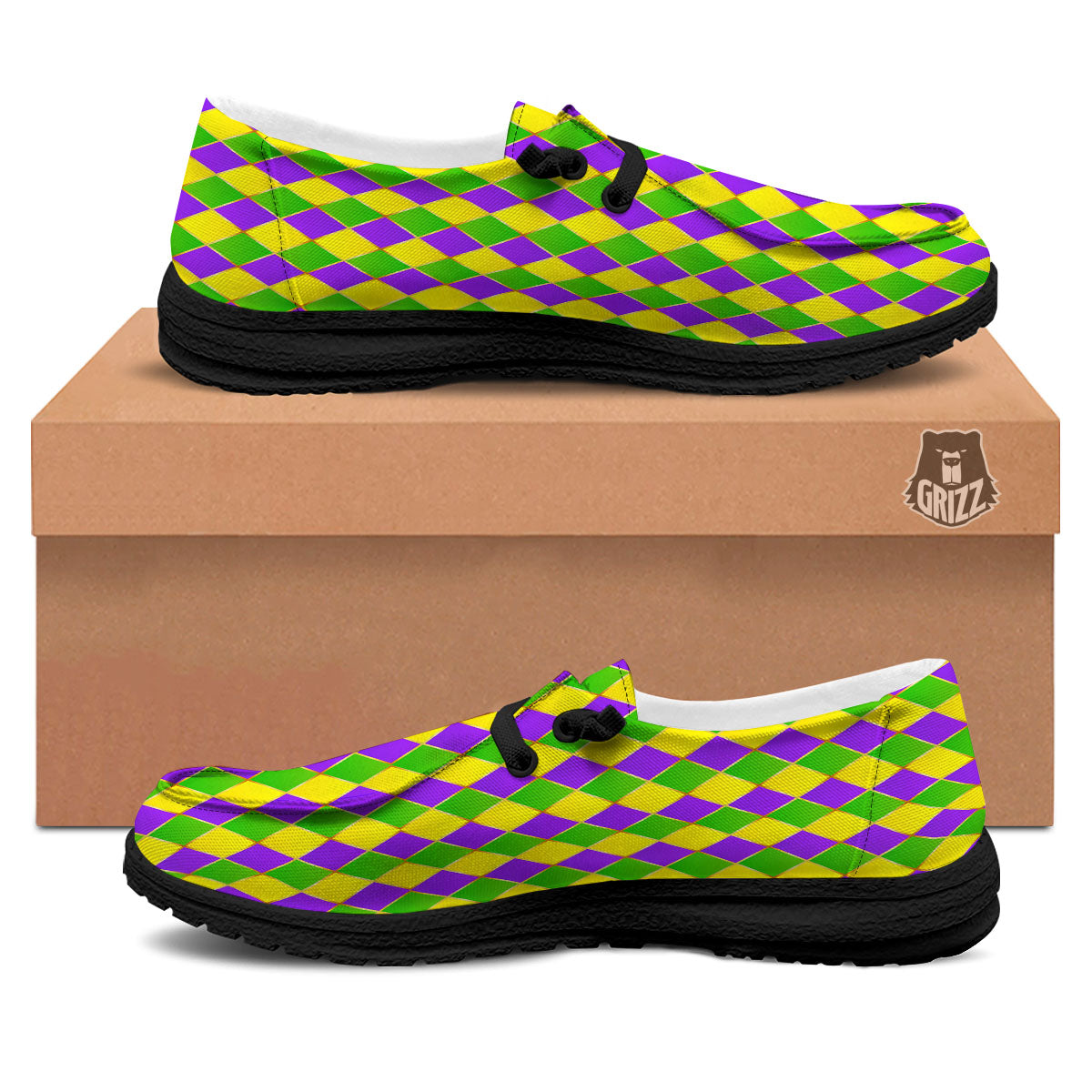 Mardi Gras Purple Green And Yellow Print Pattern Black Loafers-grizzshop