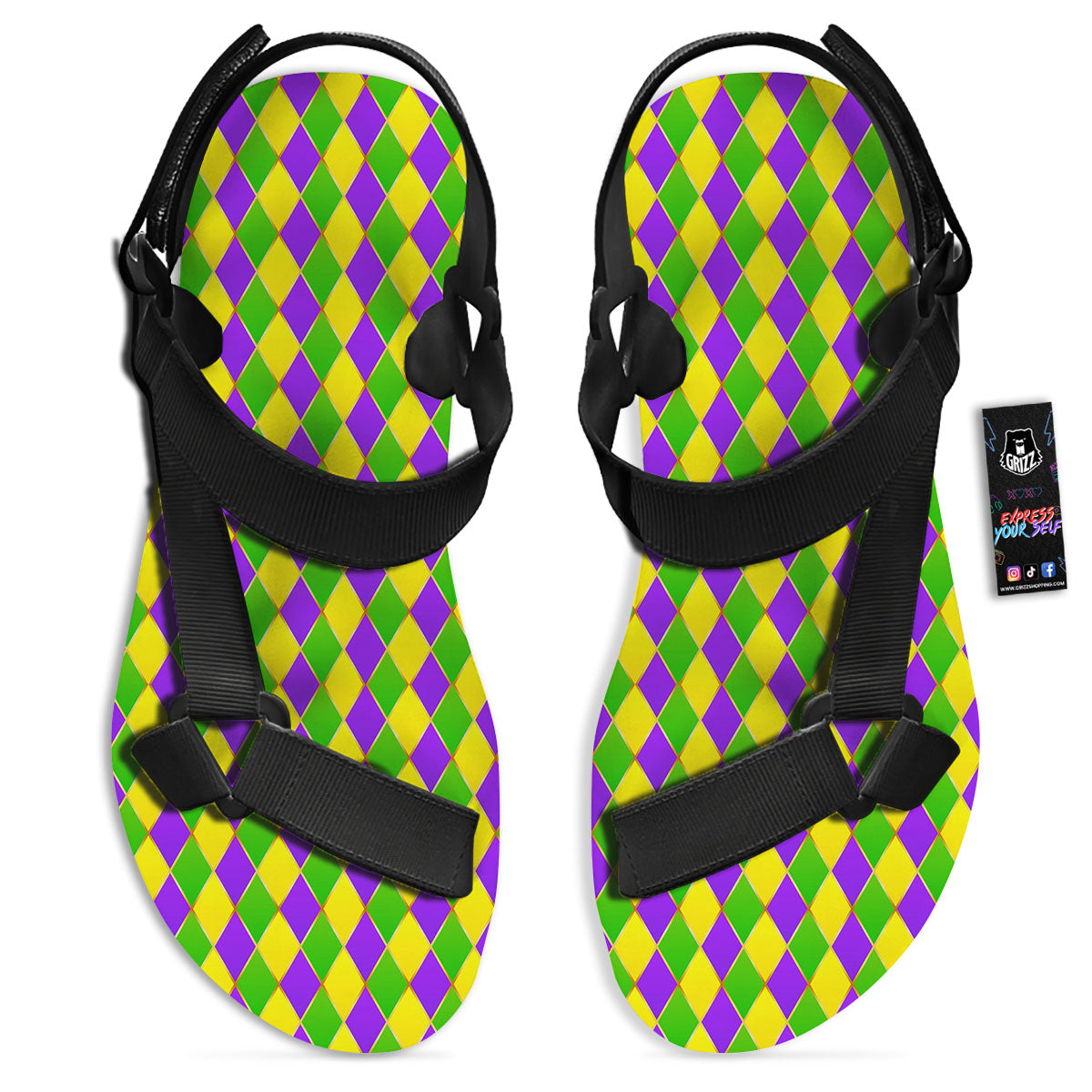 Mardi Gras Purple Green And Yellow Print Pattern Black Open Toe Sandals-grizzshop