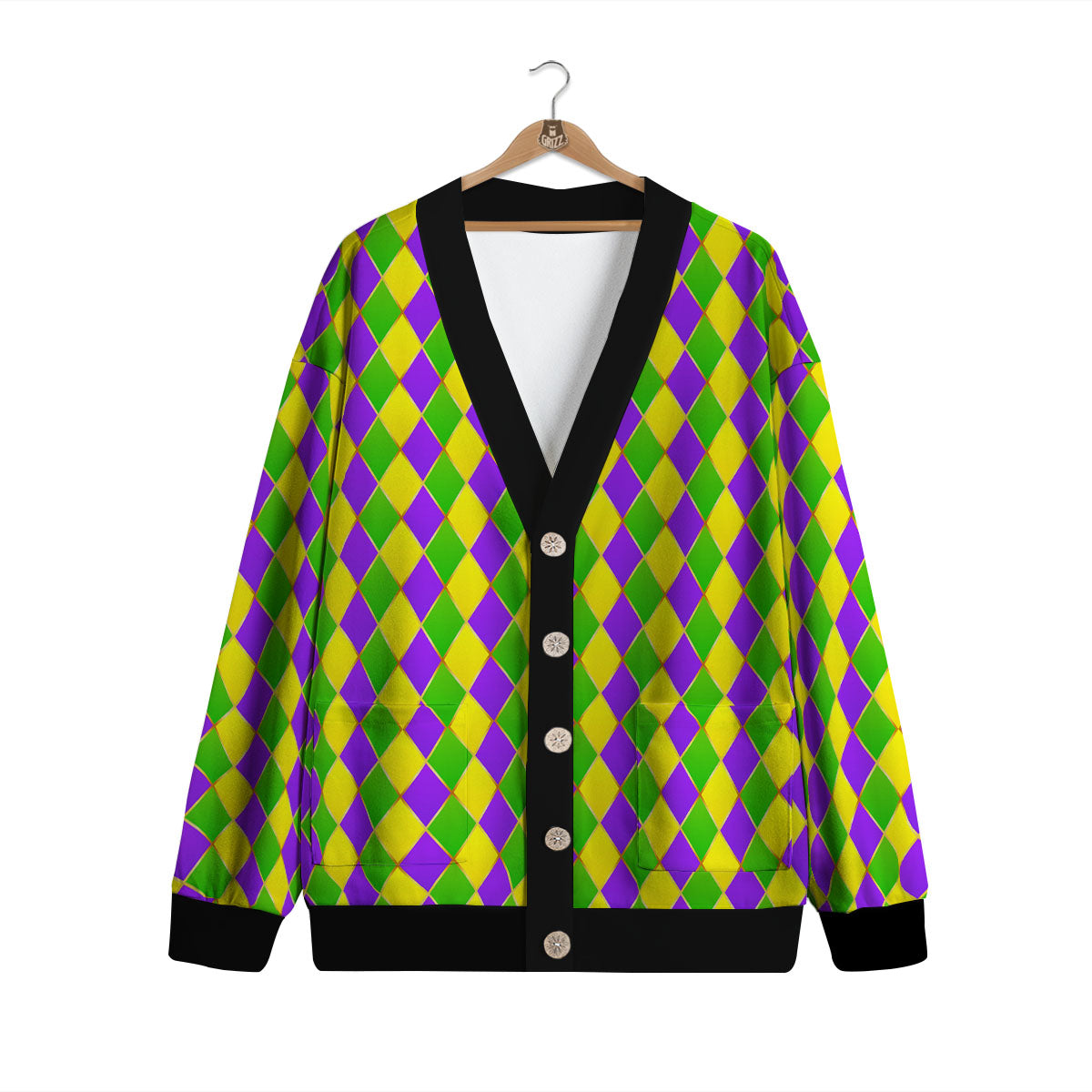 Mardi Gras Purple Green And Yellow Print Pattern Cardigan-grizzshop