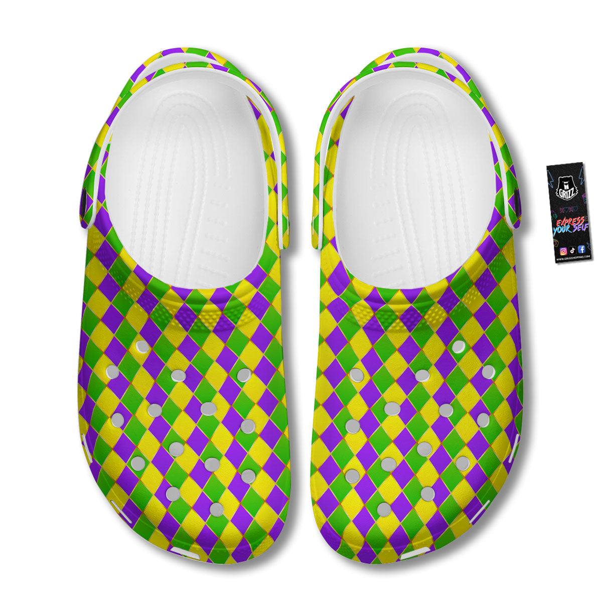 Mardi Gras Purple Green And Yellow Print Pattern Clog-grizzshop