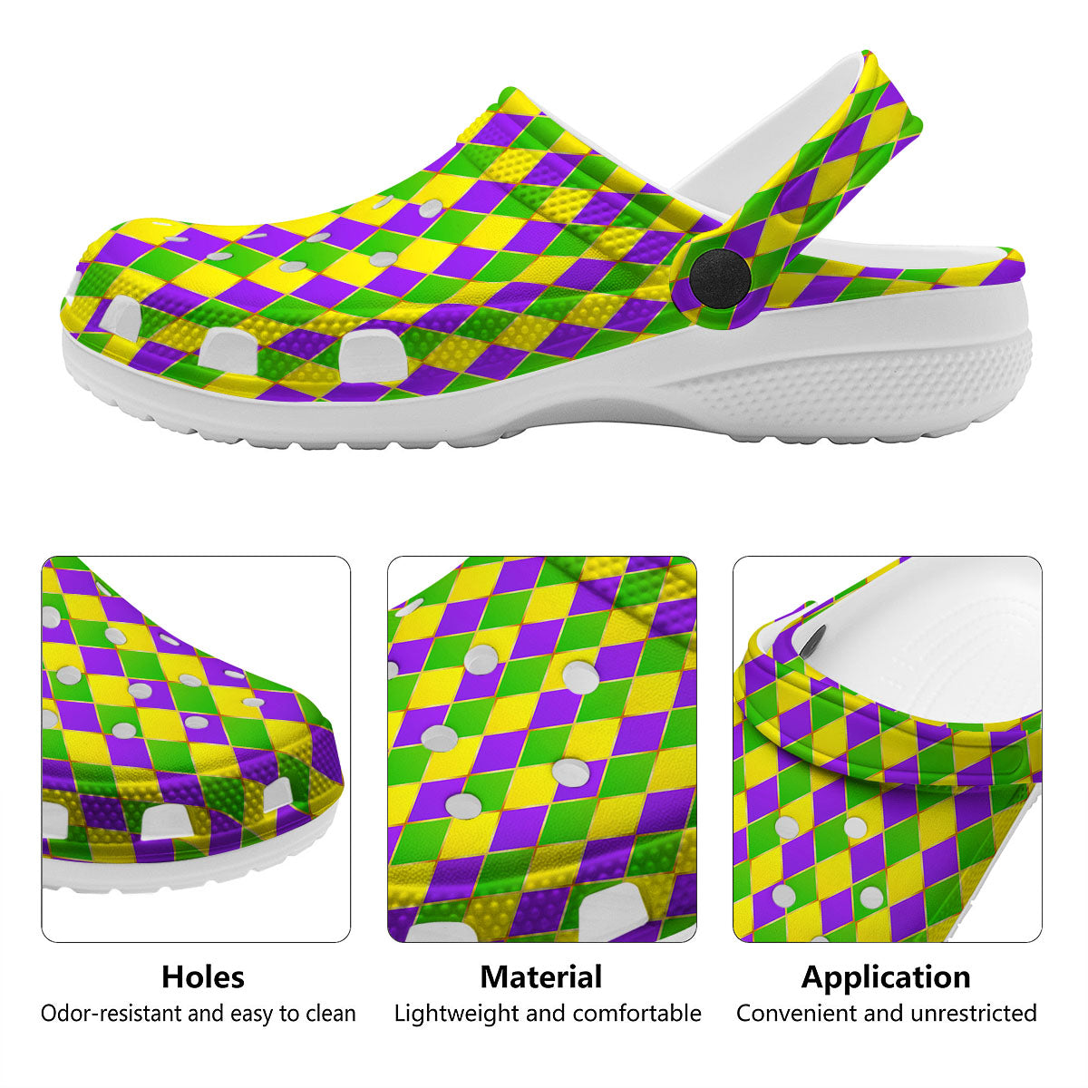 Mardi Gras Purple Green And Yellow Print Pattern Clog-grizzshop