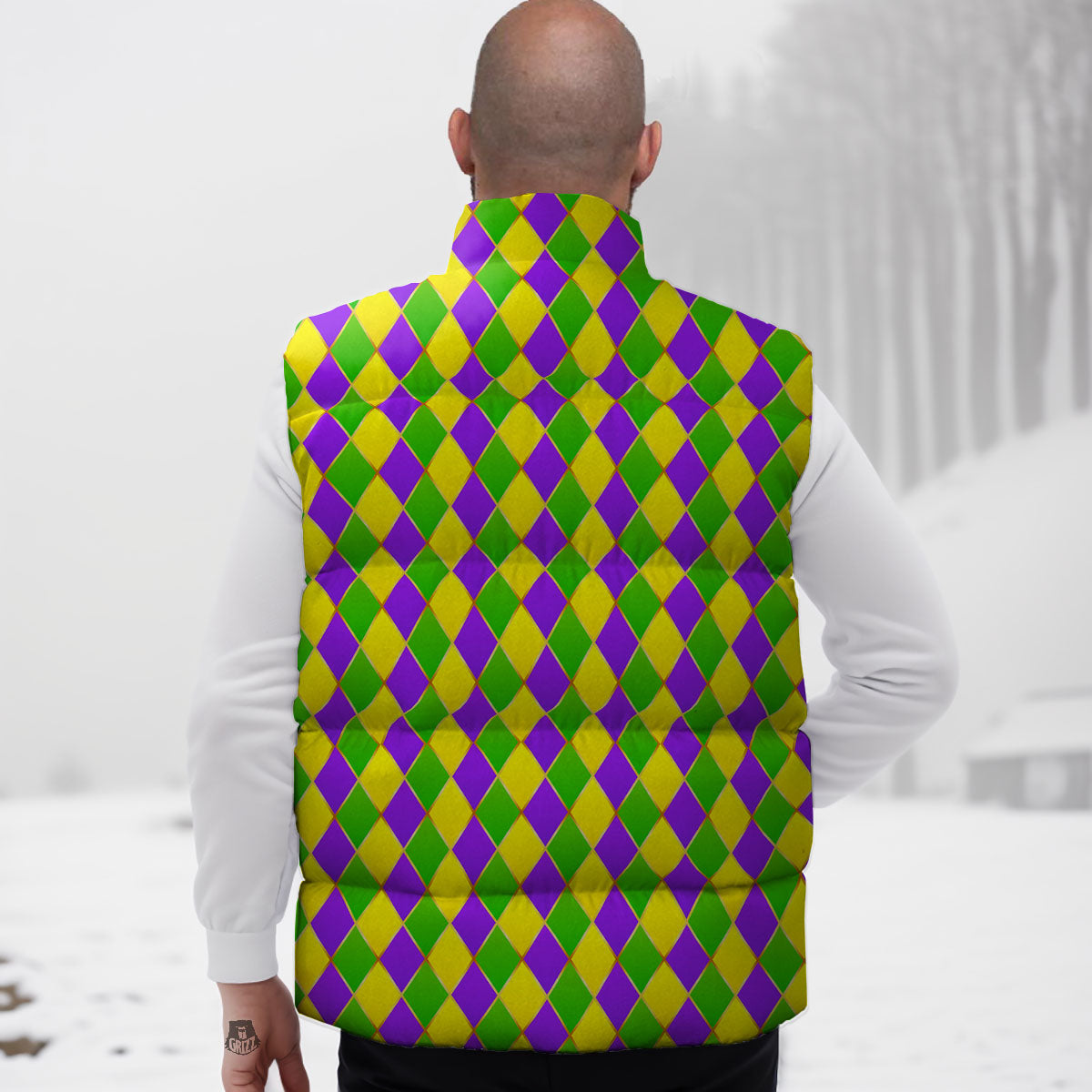 Mardi Gras Purple Green And Yellow Print Pattern Down Vest