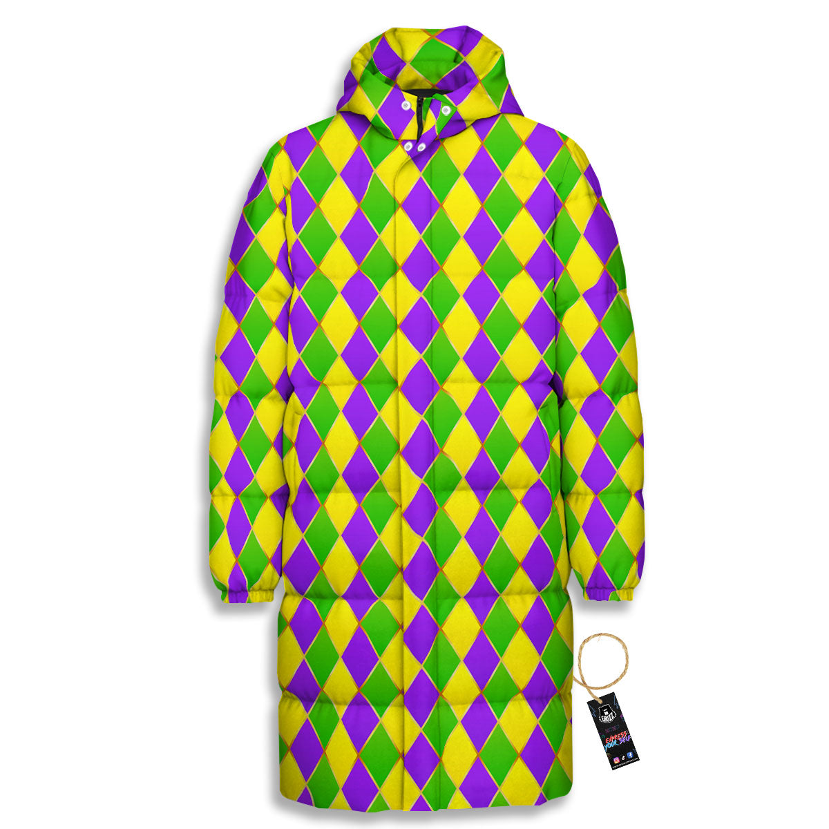 Mardi Gras Purple Green And Yellow Print Pattern Long Down Jacket-grizzshop