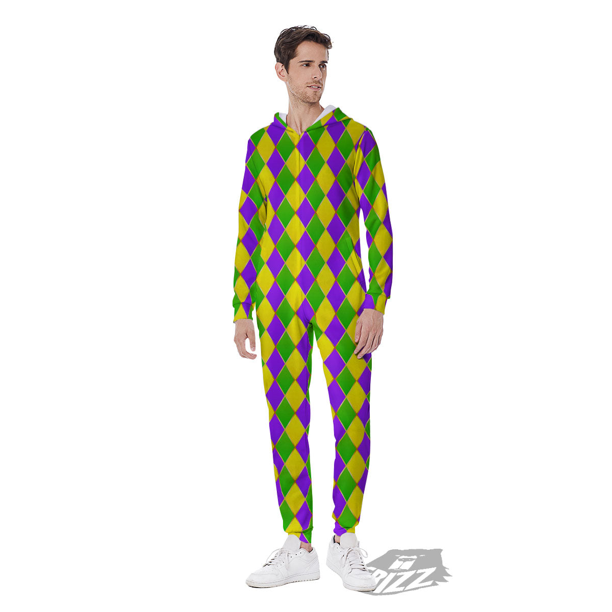 Mardi Gras Purple Green And Yellow Print Pattern Men's Jumpsuit-grizzshop