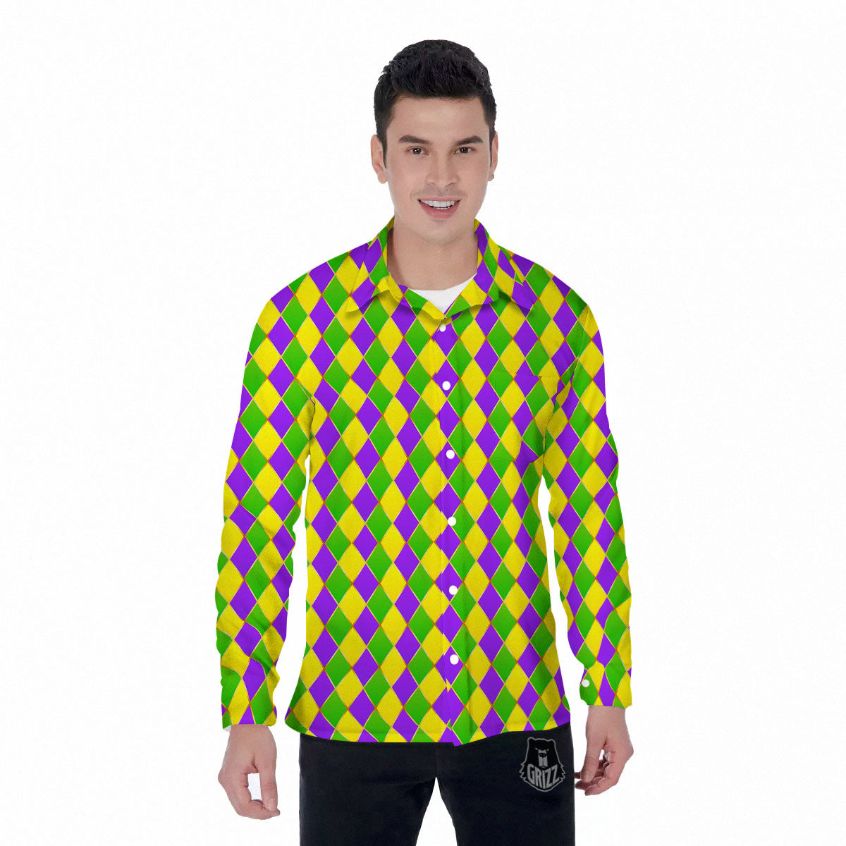 Mardi Gras Purple Green And Yellow Print Pattern Men's Long Sleeve Shirts-grizzshop