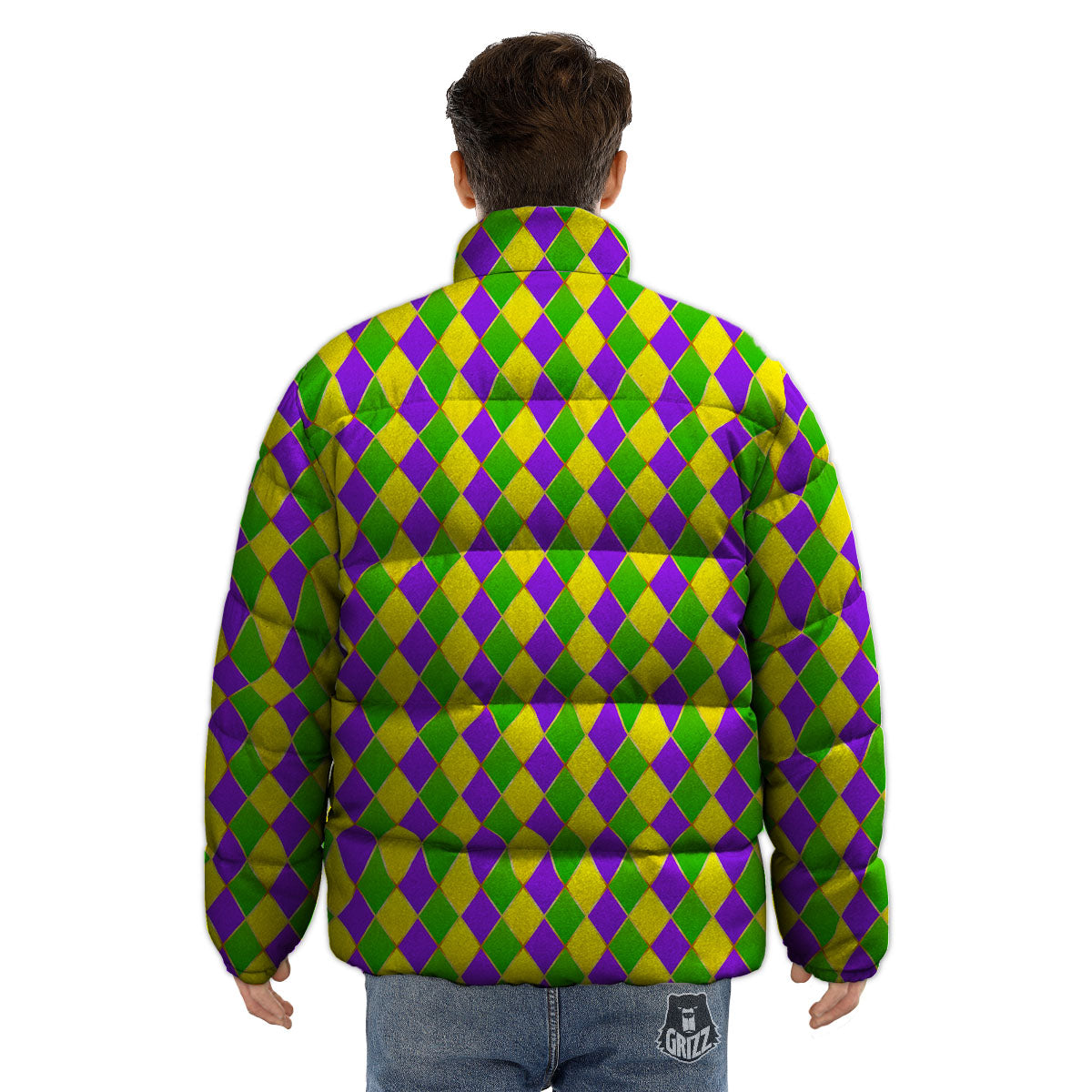 Mardi Gras Purple Green And Yellow Print Pattern Puffer Jacket-grizzshop