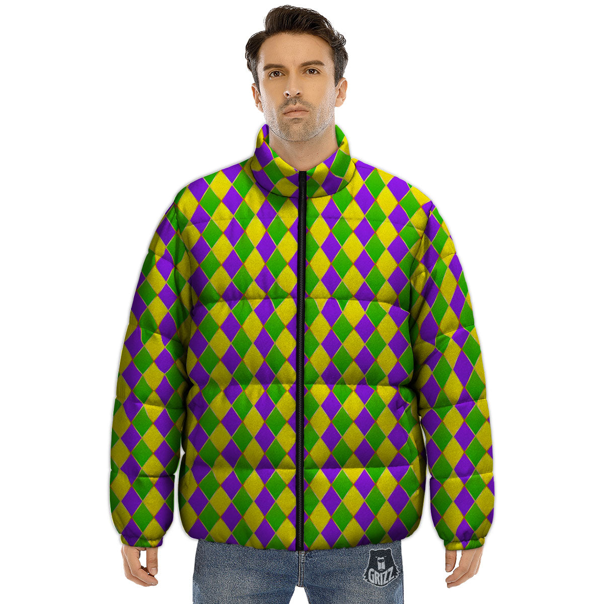 Mardi Gras Purple Green And Yellow Print Pattern Puffer Jacket-grizzshop
