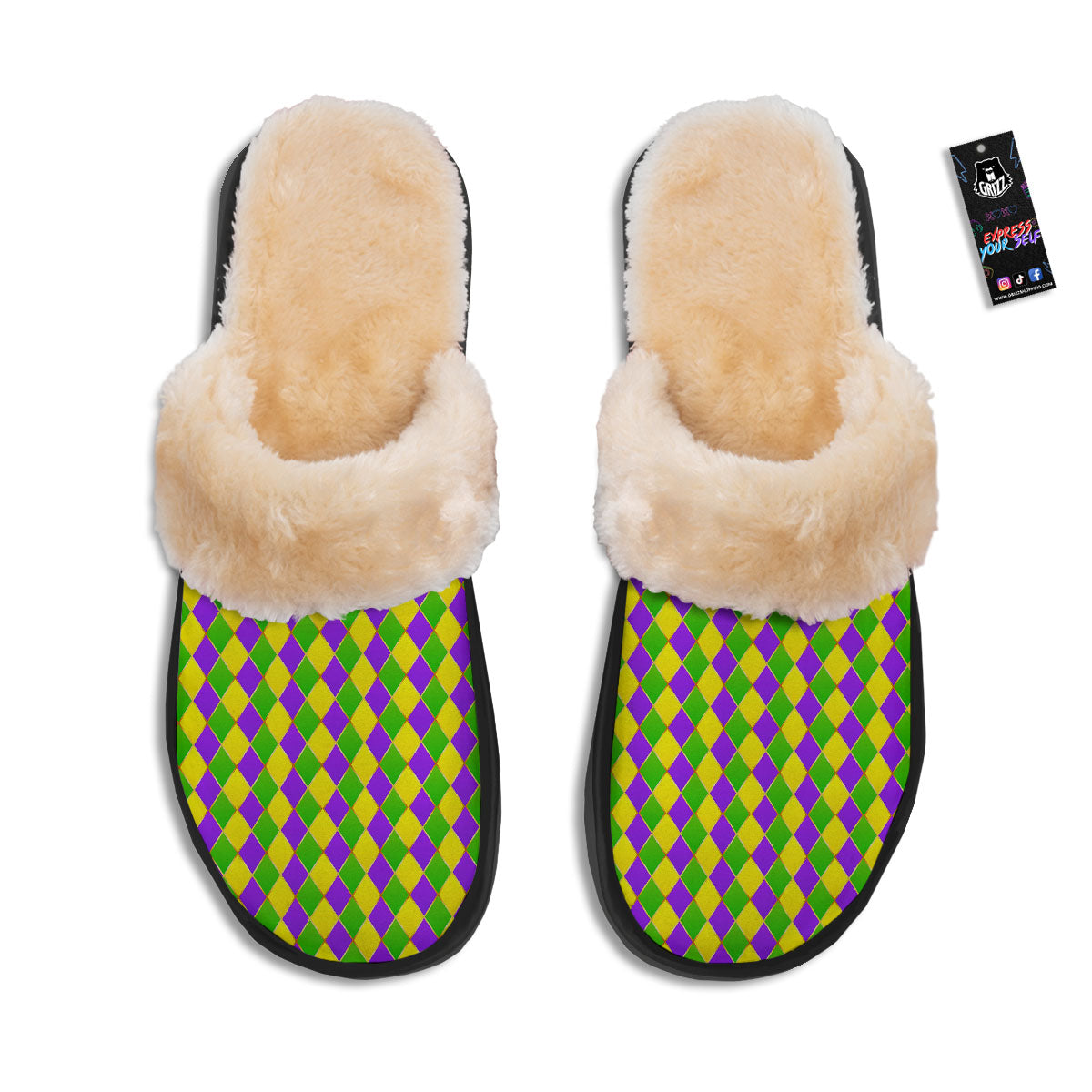 Mardi Gras Purple Green And Yellow Print Pattern Slippers-grizzshop